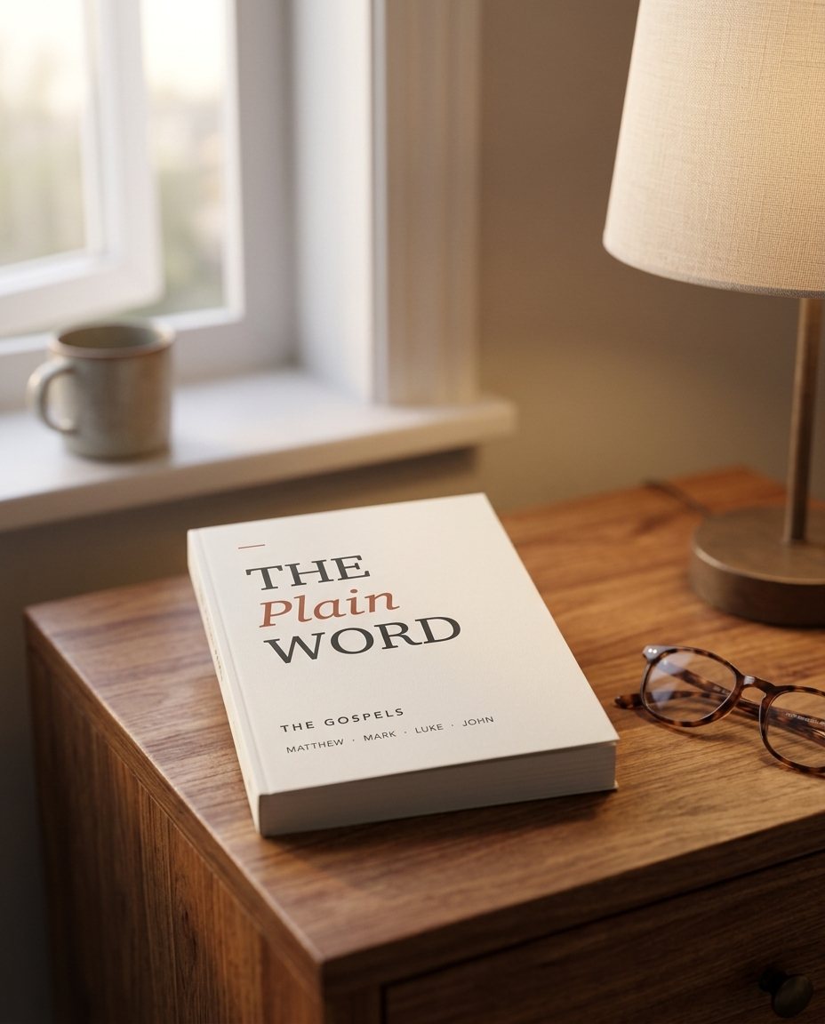 The Plain Word: The Gospels paperback on a nightstand