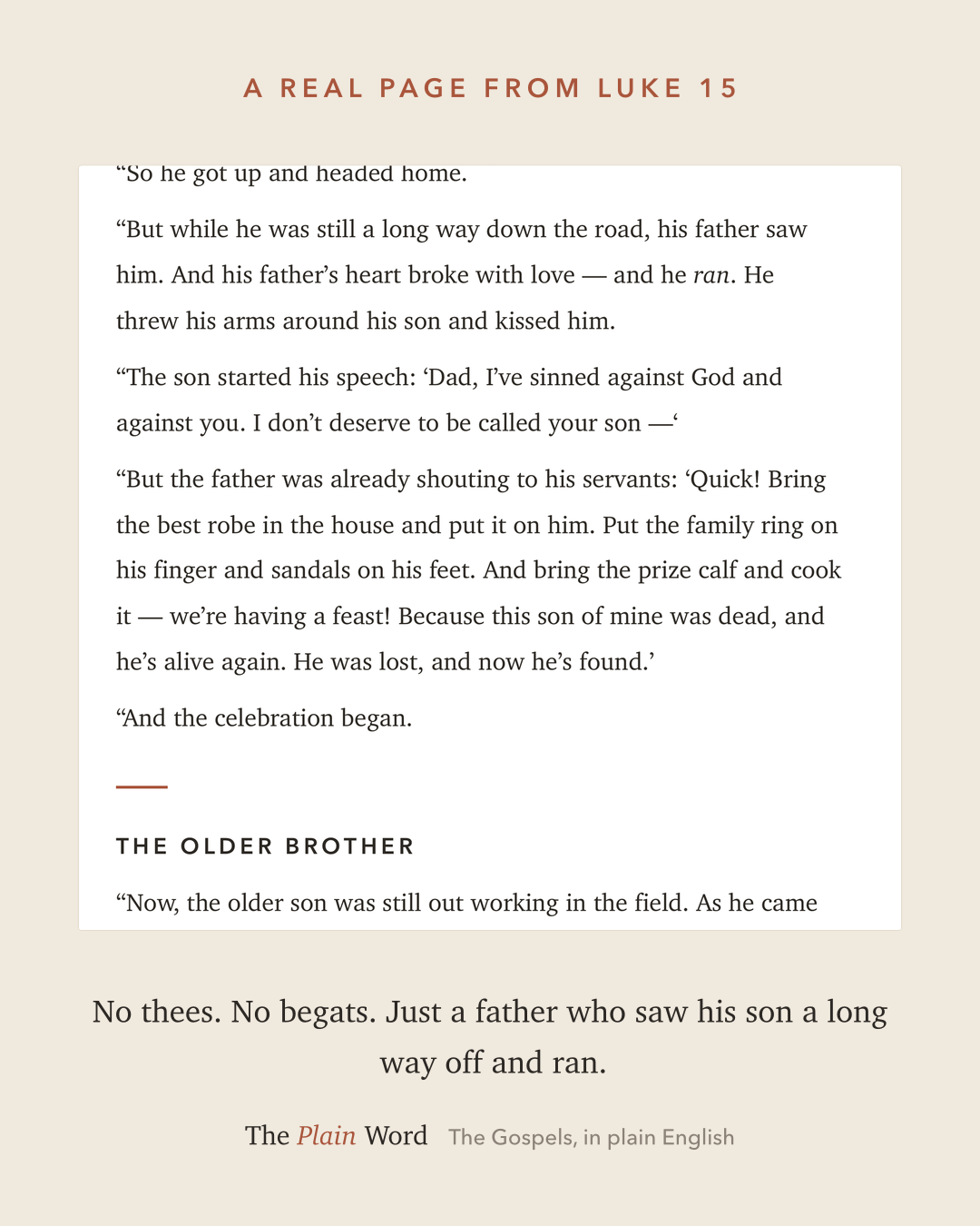 A real page from Luke 15: the father sees his son a long way off and runs to him.